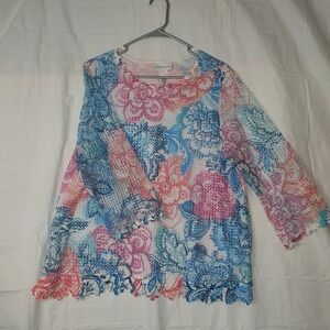 Alfred Dunner Floral Lace Sequin Top Large Knit Crochet Lined Scalloped Edges